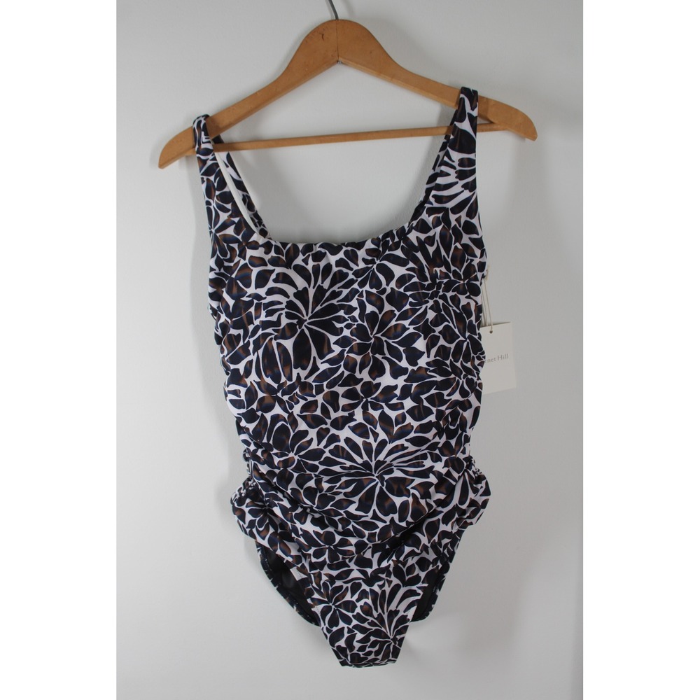 Garnet Hill 8 Black White Floral One Piece Swimsuit Ruched Tummy Control 502244